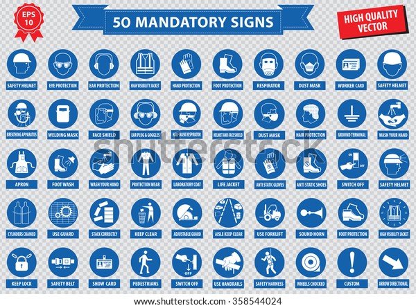 mandatory signs, construction health, safety sign
used in industrial applications (safety helmet, gloves, ear
protection, eye protection, foot protection, hairnet, respirator,
mask, antistatic,
apron)
