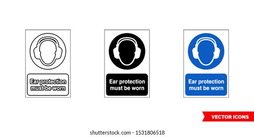 Mandatory signs ear protection must be worn icon of 3 types: color, black and white, outline. Isolated vector sign symbol.