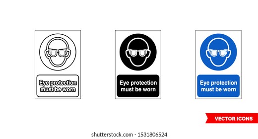 Mandatory signs eye protection must be worn icon of 3 types: color, black and white, outline. Isolated vector sign symbol.