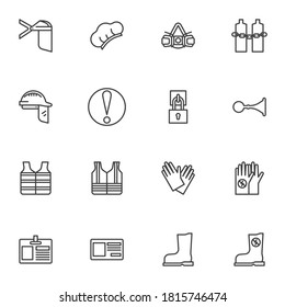 Mandatory signs line icons set, outline vector symbol collection, linear style pictogram pack. Signs, logo illustration. Set includes icons as protective gloves, rubber boot, safety helmet, face mask 