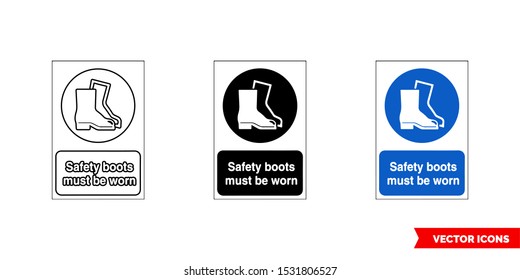 Mandatory signs safety boots must be worn icon of 3 types: color, black and white, outline. Isolated vector sign symbol.