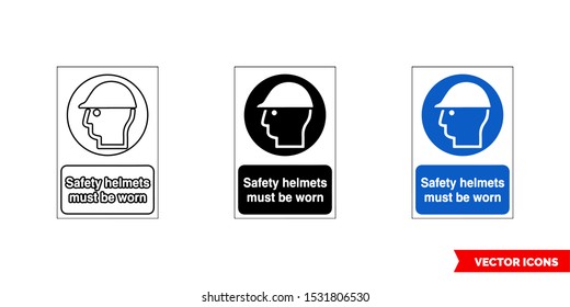 Mandatory signs safety helmets must be worn icon of 3 types: color, black and white, outline. Isolated vector sign symbol.