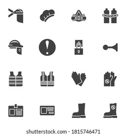 Obligatorische Zeichen Vektorsymbole Set, moderne solide Symbolsammlung, gefülltes Piktogramm-Paket im Stil. Zeichen, Logo-Illustration. Das Set enthält Symbole wie Schutzhandschuhe, Gummistiefel, Schutzhelm, Gesichtsmaske 
