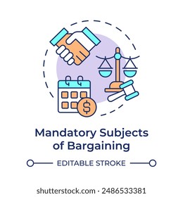 Mandatory subjects of bargaining multi color concept icon. Organized labor, monthly pay. Round shape line illustration. Abstract idea. Graphic design. Easy to use in infographic, presentation