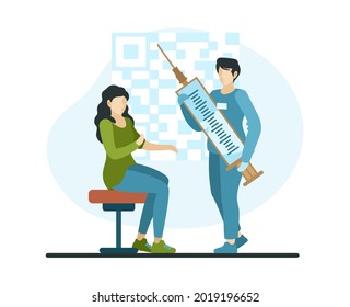 Vacunación obligatoria con código qr. El médico con jeringa inyecta a una paciente mujer. Expedición de pasaporte obligatorio para viajes y visitas. Prevención de la pandemia con inmunización. Concepto plano de vector