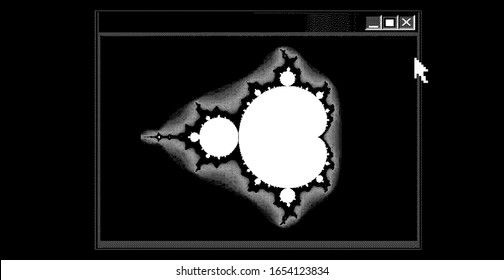 Mandelbrot set, complex fractal shape in pixel art 1-bit style.