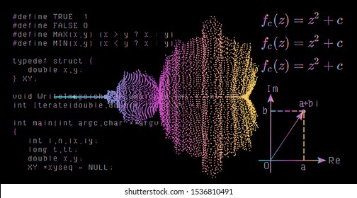 Mandelbrot set fractal graphical visualization made of particles with piece of code. Cyberpunk futuristic style vector illustration.