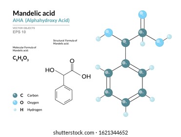 Mandelic acid. AHA Alphahydroxy acid. Structural chemical formula and molecule 3d model. Atoms with color coding. Vector illustration