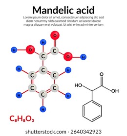 Mandelic acid, molecular structure formula, ball-and-stick model, suitable for education or chemistry science content. Vector illustration