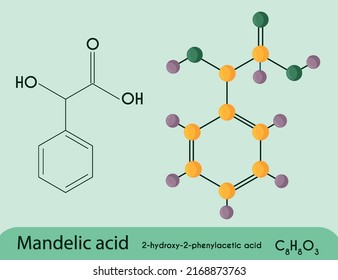 Mandelic acid. Molecule and chemical formula. Structural formula. Vector illustration