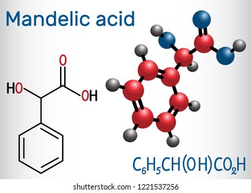 Mandelic acid molecule. Structural chemical formula and molecule model. Vector illustration