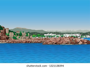 Mandelieu-la-Napoule, Alpes Maritime, French Riviera, South of France Vector with blue sea, 14th century castle, boats, mountains and apartment buildings