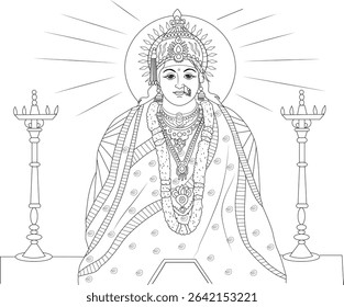 Mandhar Devi Hindu Goddess Line Art Drawing, Line art illustration of Hindu goddess Mandhar Devi, a popular deity in Maharashtra, India. The drawing depicts the goddess adorned with traditional