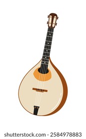 Mandolin with curved body and six strings displayed against a white background