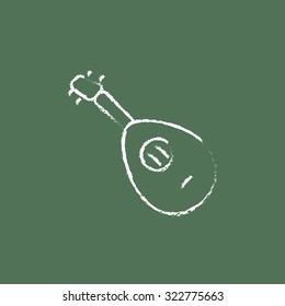 Mandolin hand drawn in chalk on a blackboard vector white icon isolated on a green background.