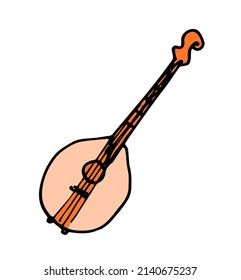 the mandolin icon is light yellow. drawing of a BANJO stringed musical instrument in the style of a doodle, orange color with a black outline on white, top view. vintage element vector