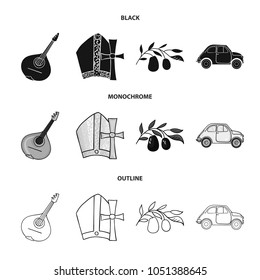 Mandolin, papa, olive, retro auto.Italy country set collection icons in black,monochrome,outline style vector symbol stock illustration web.