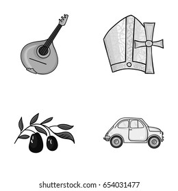 Mandolin, papa, olive, retro auto.Italy country set collection icons in monochrome style vector symbol stock illustration web.