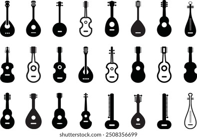 Ilustración de Artes vectoriales de silueta de mandolina. Instrumento de música eléctrica y acústica negra, silueta de violín de mandolina de rock jazz, mandolina de banda de música, conjunto de iconos de Ilustración vectorial de violín String