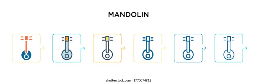 Mandolin vector icon in 6 different modern styles. Black, two colored mandolin icons designed in filled, outline, line and stroke style. Vector illustration can be used for web, mobile, ui