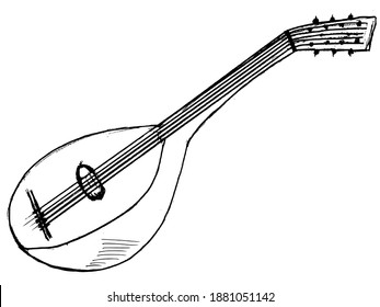 Mandolin, vintage musical instrument. Vector, hand drawn illustration on white. Motives of arts and culture, history and heritage, music and performance