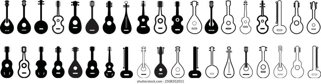 Mandolin Violin silhouette vector arts illustration. Black electric and acoustic music instrument, rock jazz mandolin silhouette, music band mandolin, violin vector illustration icons set String