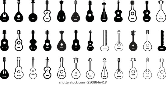 Ilustración de Artes vectoriales de silueta de violín de mandolina. Instrumento de música eléctrico y acústico negro, silueta de mandolina de rock jazz, mandolina de banda de música, conjunto de iconos de Ilustración vectorial de violín String