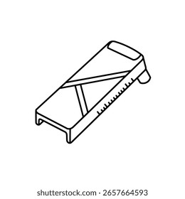 Mandoline slicer for vegetables, in a simple 3D isometric line art style. An outline icon of a kitchen utensil for food preparation.