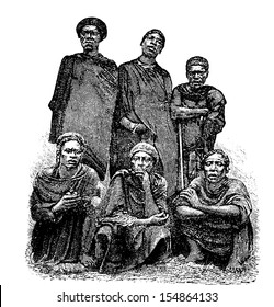 Mandombe Men of Congo, Central Africa, engraving based on the English edition, vintage illustration. Le Tour du Monde, Travel Journal, 1881