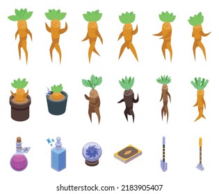 Mandrake icons set isometric vector. Ancient alchemy. Botany cinema