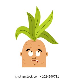 Mandrake root confused oops emoji. Surprise Legendary mystical plant in form of man.