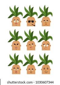 Mandrake root set emoji avatar. sad and angry face. guilty and sleeping. Legendary mystical plant in form of man seafarer Smoking cigar emotion face