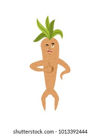 Mandrake root thumbs up and winks. Merry Legendary mystical plant in form of man.
