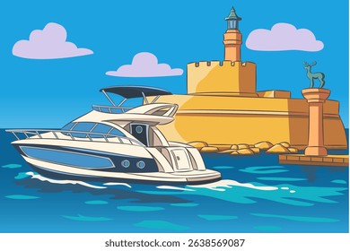Mandraki Harbor with lighthouse in Rhodes, Greece