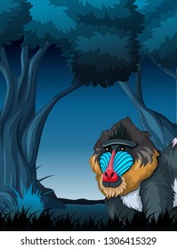 Un mandril en la ilustración de un bosque oscuro