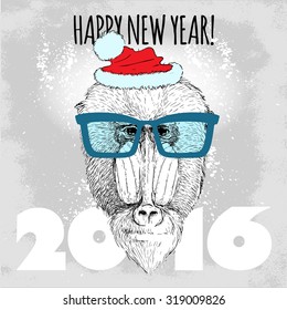 Mandrill monkey Hipster with blue glasses and Christmas hat. Merry Christmas and Happy New Year vector illustration for placard design, posters, fashion print and textile 