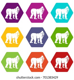 Mandrill monkey icon set many color hexahedron isolated on white vector illustration