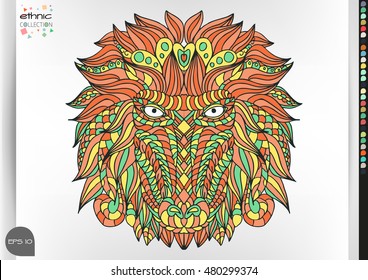 Mandrill monkey portrait . Animal patterns with hand-drawn doodle waves and lines. Vector illustration in bright colors.