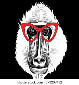 Mandrill wearing a red mask of hero on black background. Vector illustration.