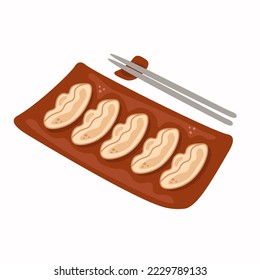 Mandu Korean dumplings with chopsticks. Traditional Korean cuisine dish on plate. Isolated vector illustration in cartoon doodle style