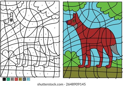 Maned Wolf Color by Number Game for Kids, Educational Animal Coloring Page, Printable Activity with Numbered Outline and Completed Red Wolf Illustration, Fun Creative Learning Activity