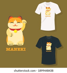 Maneki cat standing and waving hand with red neck belt T shirt clothing fashion design