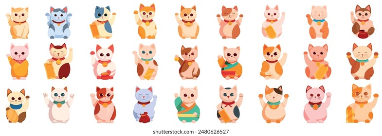 Maneki icons set. Set of adorable beckoning cats in different colors and styles, a popular japanese figurine believed to attract good fortune and prosperity