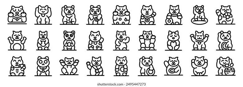 Maneki icons set. Collection of adorable japanese lucky cats waving, sitting and holding various objects