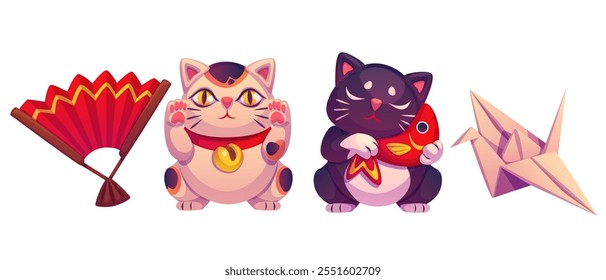 Maneki lucky cat. Japanese fortune neko toy vector. Chinese money luck kawaii character. Kitty symbol in asia culture wearing collar with bell. Rich mascot with fish in paw symbolic graphic.