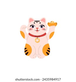 Maneki Neko, an adorable Japanese cat, adorned with a gold pendant and a coin in his raised paws. Vector art depicting a symbol of wealth and good luck. Flat isolated illustration.