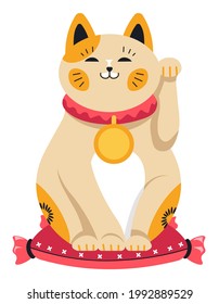 Maneki neko asian cat symbolizing luck, beckoning kitty with smile on face. Cute kitten with coin on neck waving paw. Decorative figurine or statuette popular in Asian countries. Vector in flat style