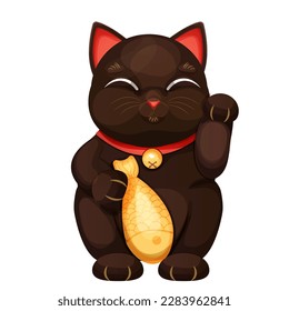Maneki neko black cat tradition figure lucky symbol, pet with collar and bell, golden fish in cartoon style isolated on white background