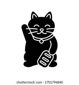 Maneki neko black glyph icon. Traditional japanese mascot to bring fortune. Oriental souvenir from Japan. Kitty talisman for luck. Silhouette symbol on white space. Vector isolated illustration