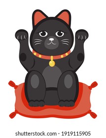 Maneki neko black vector isolated on white background. Lucky cat in japanese traditional culture. Talisman or mascot symbol in flat style.